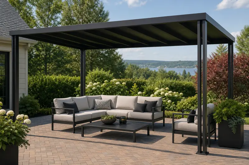 Modern black metal gazebo on patio