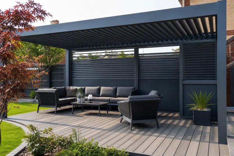 Anthracite louvered pergola with outdoor lounge