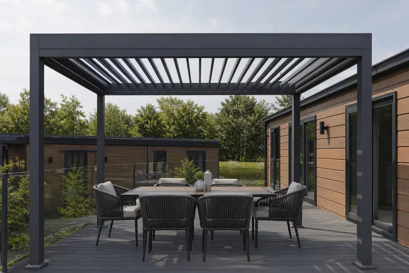 Charcoal aluminium gazebo over dining area