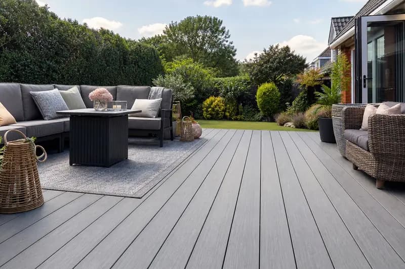 Grey composite deck with garden furniture
