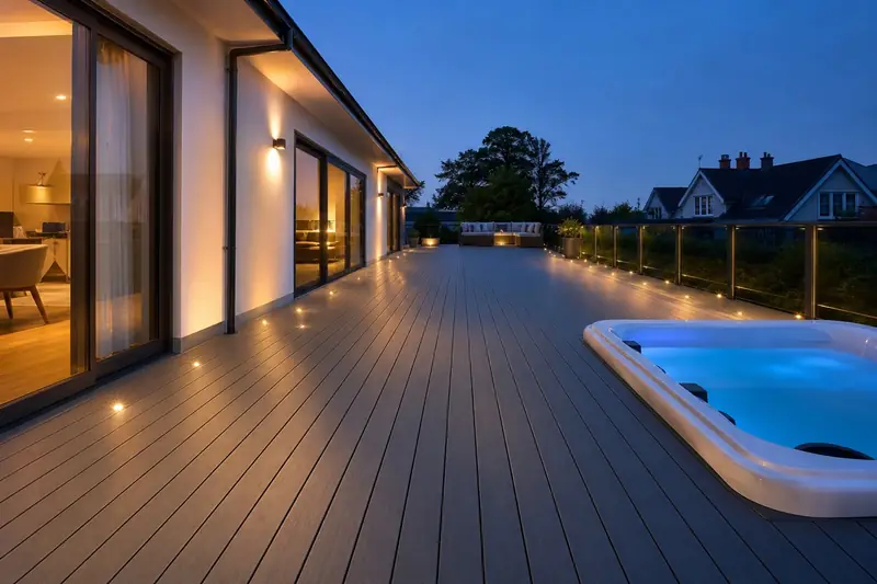 Decking terrace with evening lighting